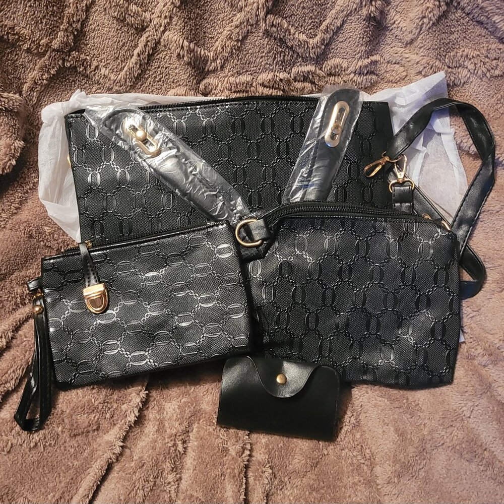 4pc | Black | Chain-Link Matching Purse Set - Picture 2 of 3